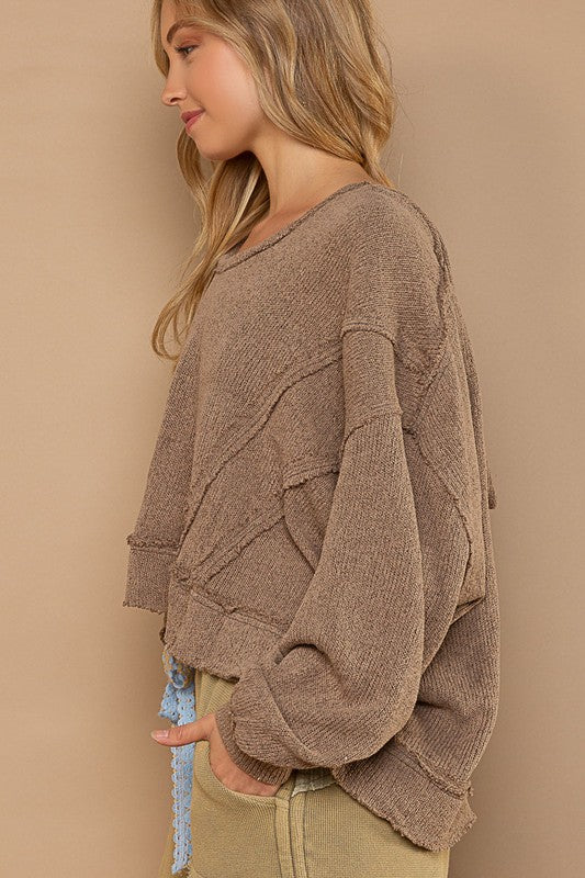 Round Neck Balloon Sleeve Hooded Knit Top - Boho Soho