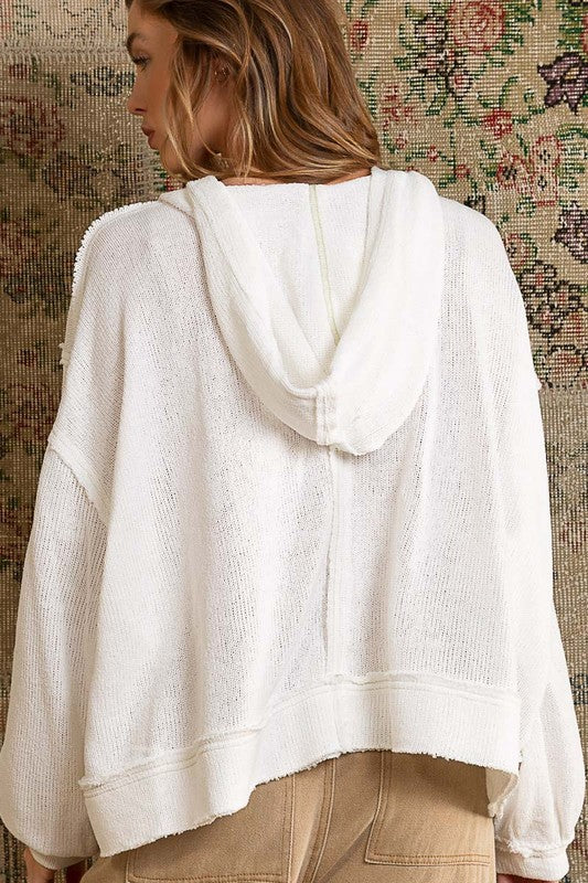 Round Neck Balloon Sleeve Hooded Knit Top - Boho Soho