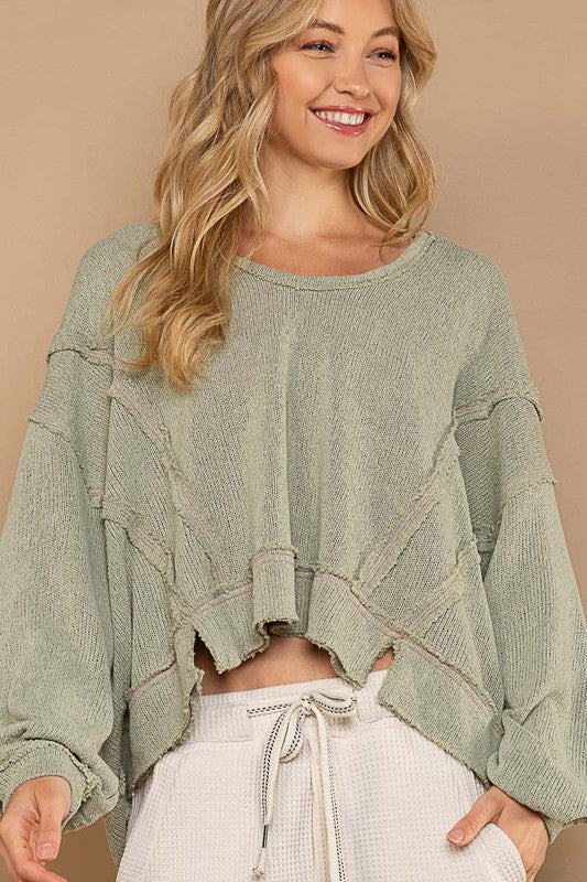 Round Neck Balloon Sleeve Hooded Knit Top - Boho Soho