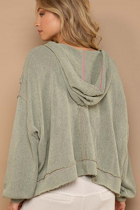 Round Neck Balloon Sleeve Hooded Knit Top - Boho Soho