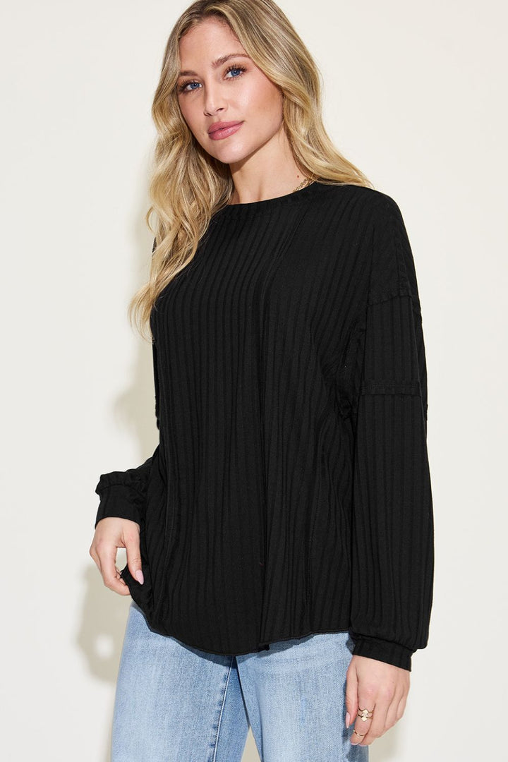 Basic Bae Ribbed Round Neck Long Sleeve Top