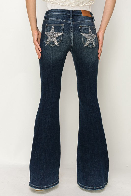 ARTEMIS VINTAGE MID RISE FLARE STAR RHINESTONE ON POCKETS JEANS