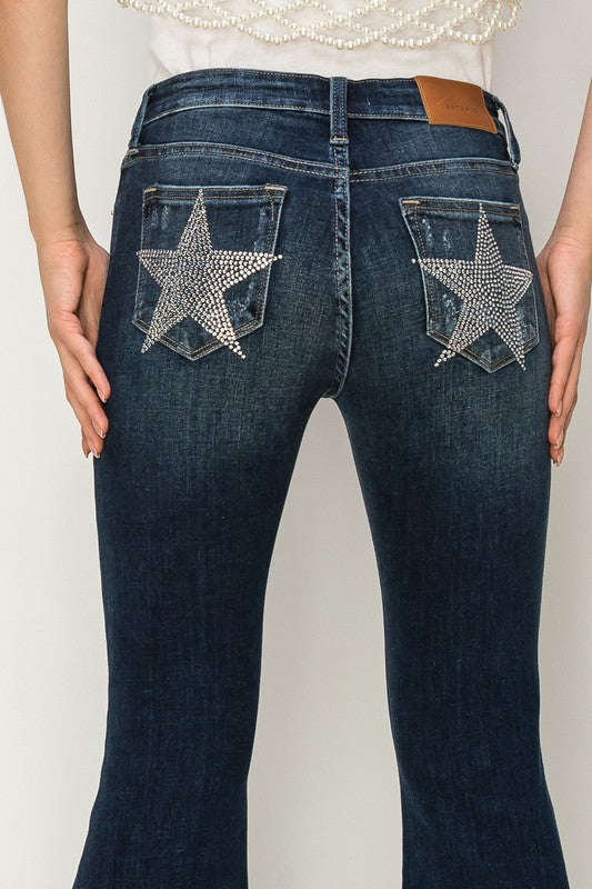 ARTEMIS VINTAGE MID RISE FLARE STAR RHINESTONE ON POCKETS JEANS