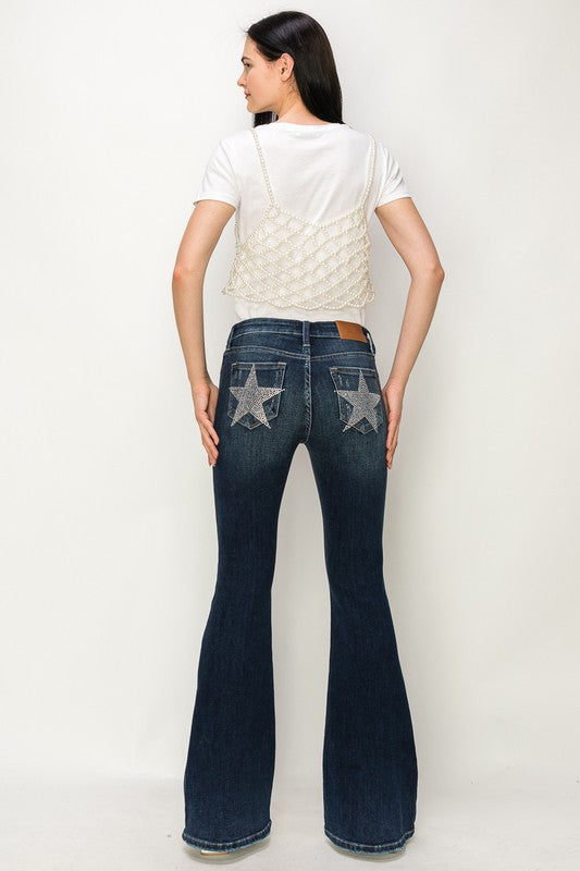 ARTEMIS VINTAGE MID RISE FLARE STAR RHINESTONE ON POCKETS JEANS