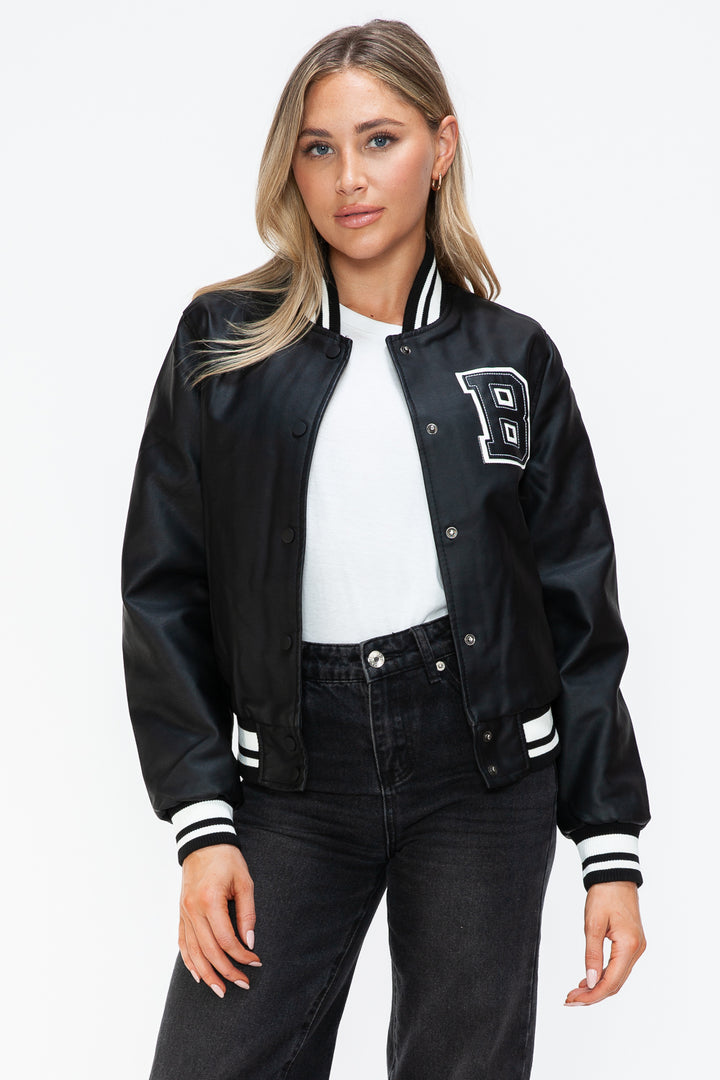Love Me Now PU Leather Contrast Snap Down Bomber Jacket - Boho Soho