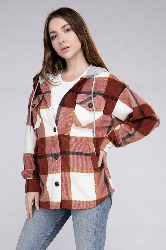 Zenana Plaid Drawstring Hooded Fleece Shacket