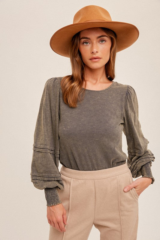 WASHED PINTUCK DETAIL SLEEVE BACK TIE TOP