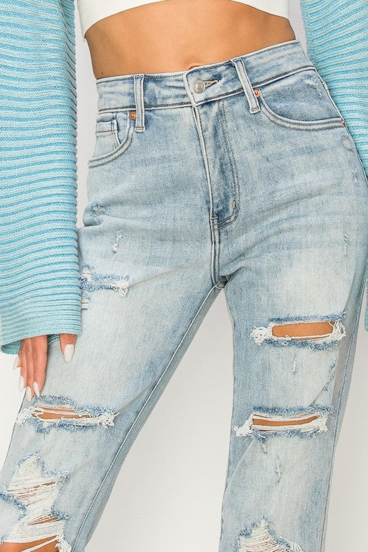 HIGH RISE DISTRESSED STRAIGHT JEANS - Boho Soho