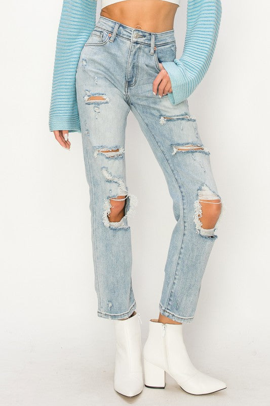 HIGH RISE DISTRESSED STRAIGHT JEANS - Boho Soho