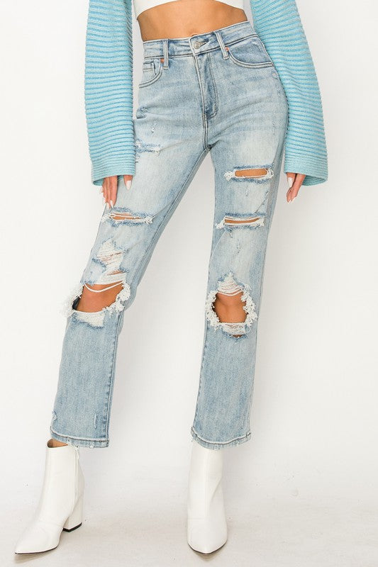 HIGH RISE DISTRESSED STRAIGHT JEANS - Boho Soho