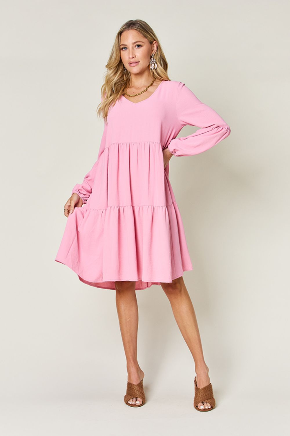 Double Take V-Neck Balloon Sleeve Tiered Dress with Pockets