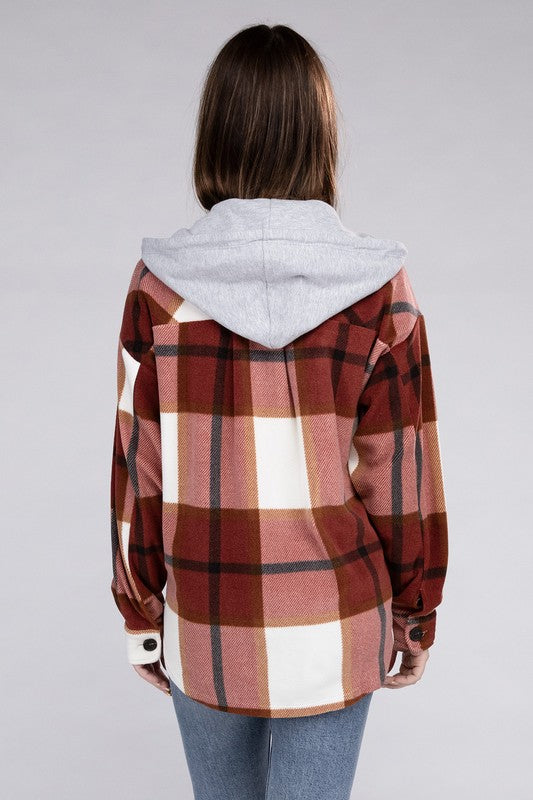 Zenana Plaid Drawstring Hooded Fleece Shacket