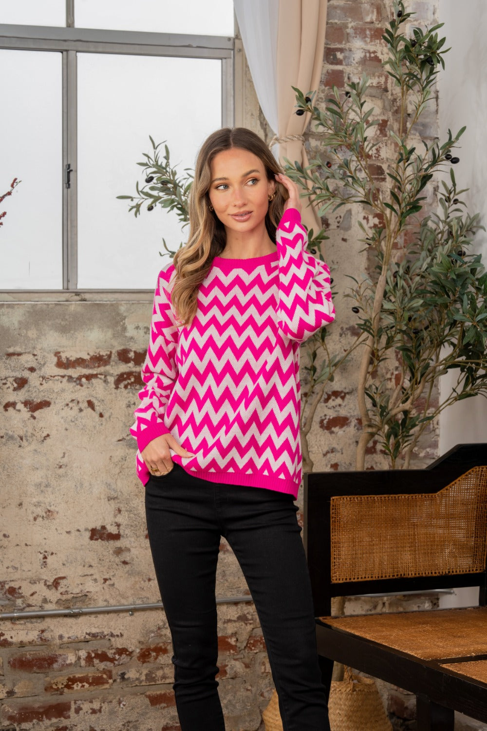 Sew In Love Wave Stripe Contrast Long Sleeve Sweater