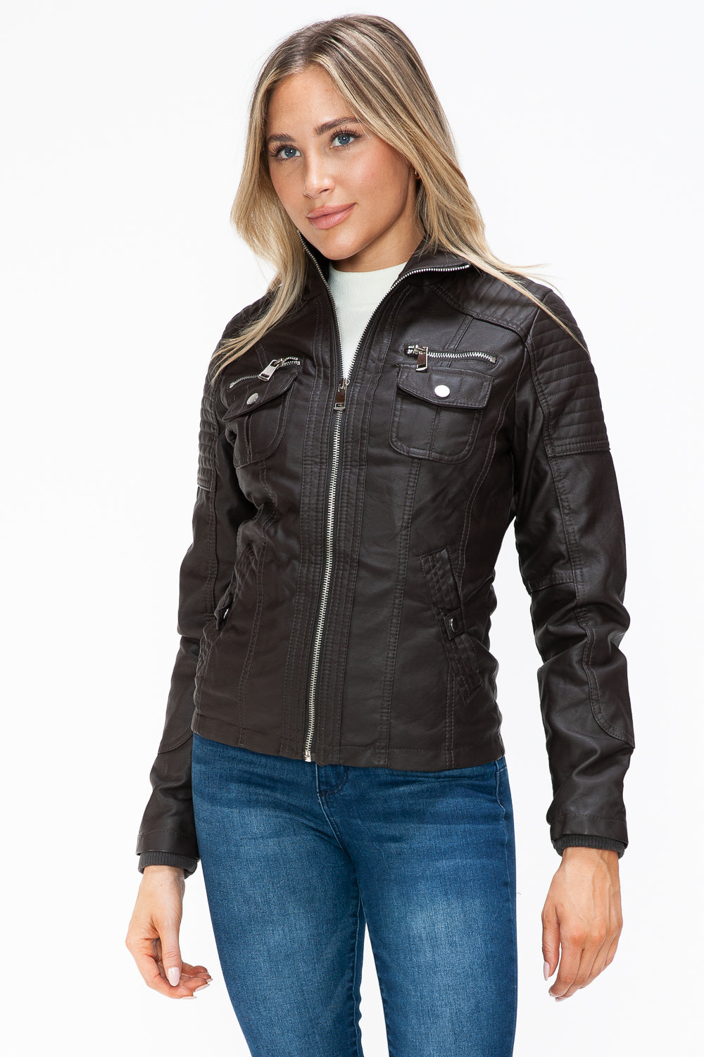 YMI Removable Faux Layered Multi-Pocket Faux Leather Jacket with Fuzzy Hood