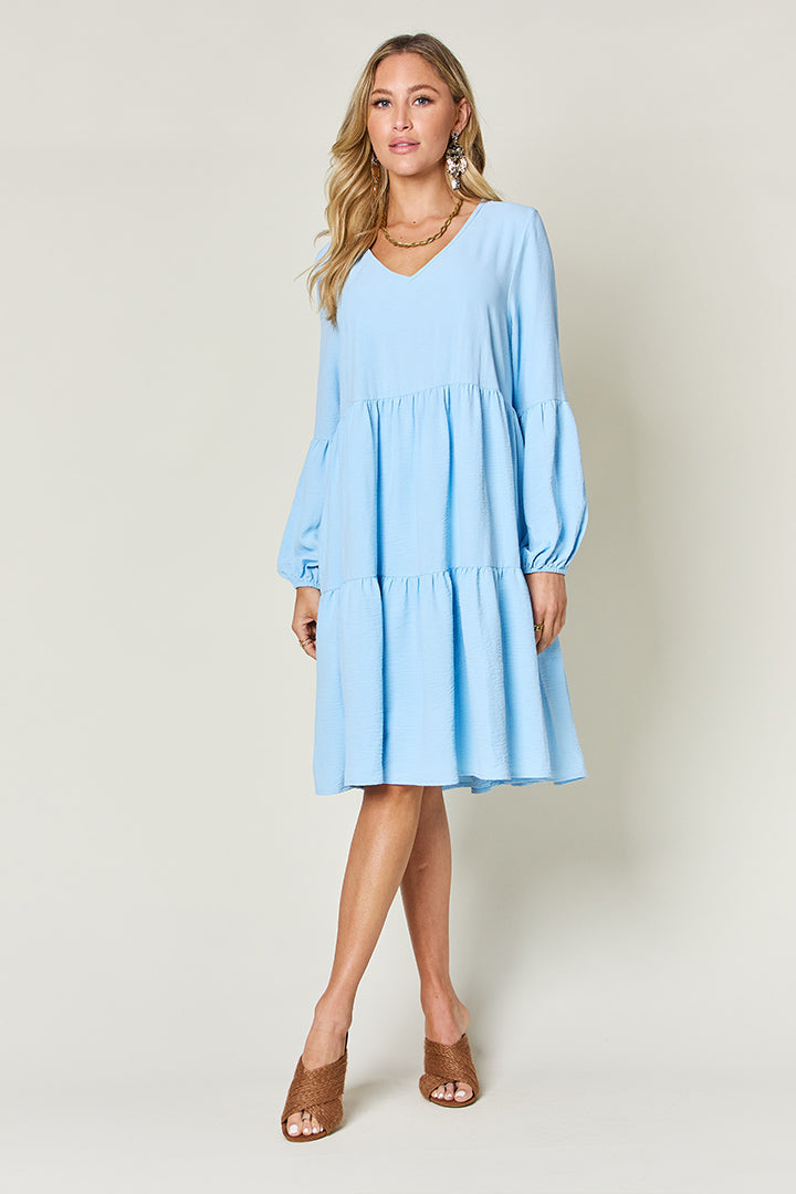 Double Take V-Neck Balloon Sleeve Tiered Dress with Pockets