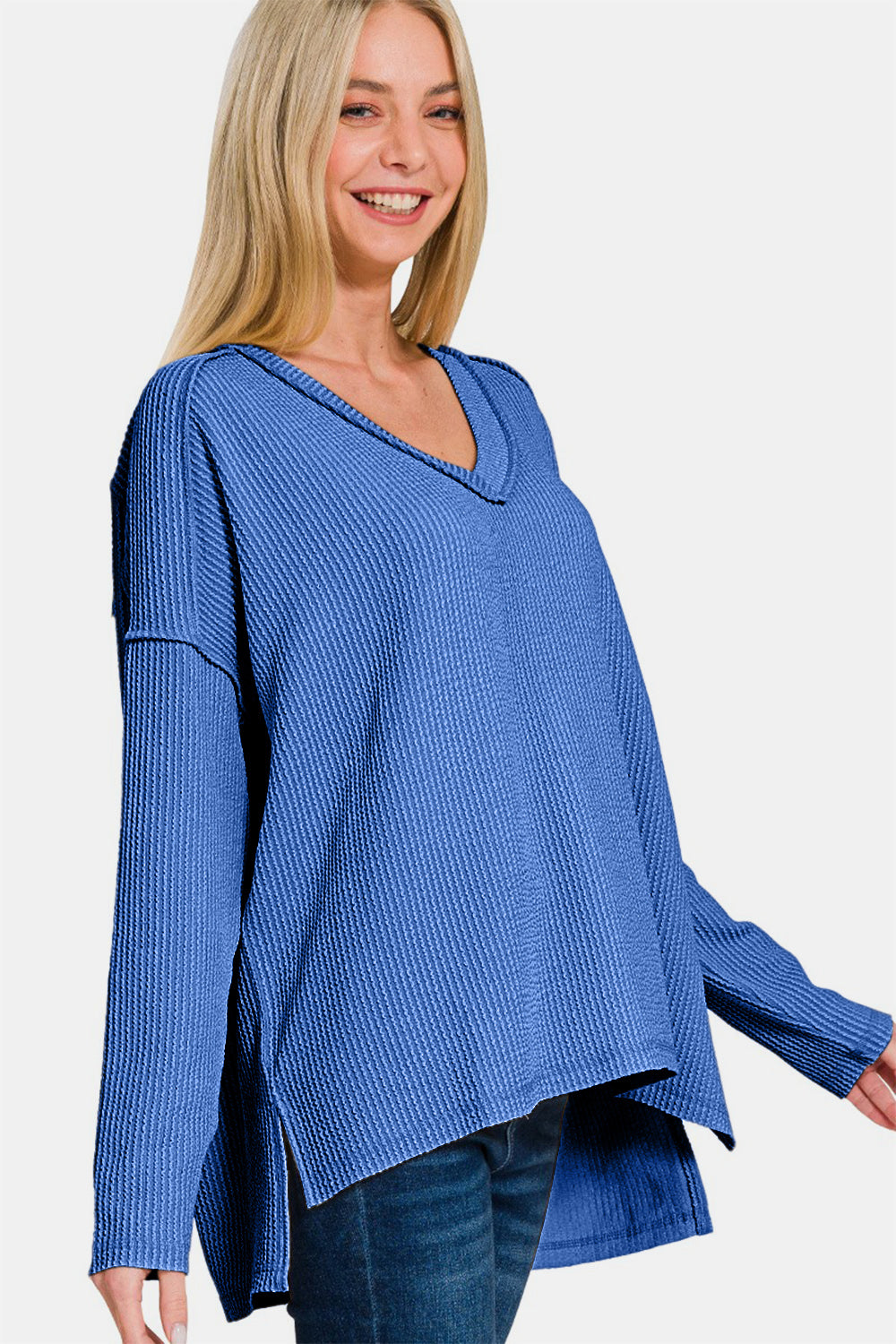 Zenana Texture Exposed Seam V-Neck Long Sleeve Top