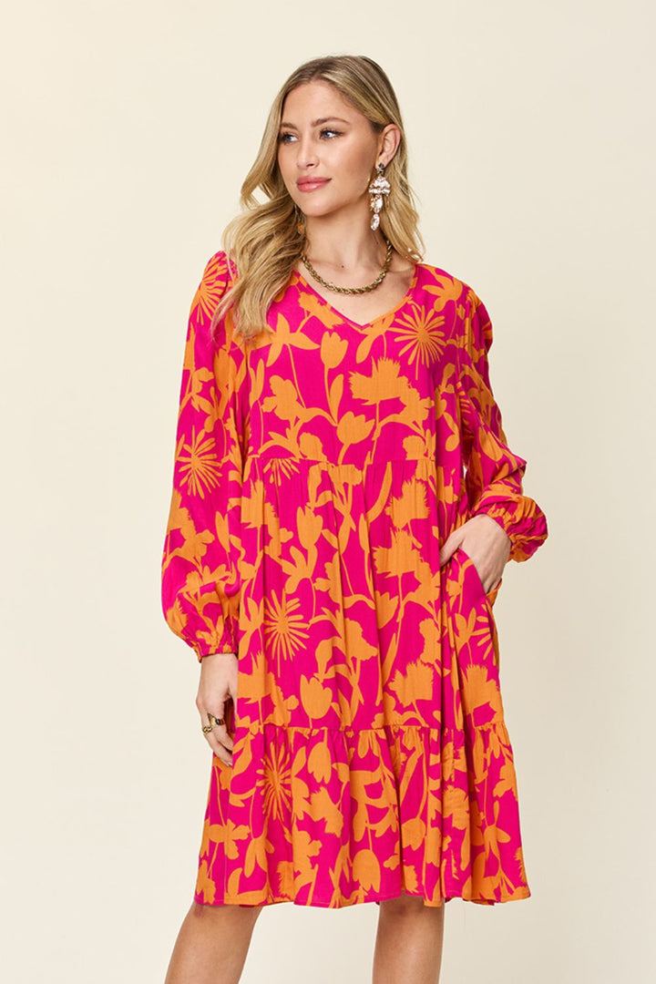 Double Take Full Size Printed Ruffle Hem Dress with Pockets