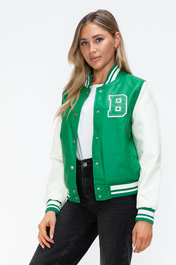 Love Me Now PU Leather Contrast Snap Down Bomber Jacket - Boho Soho