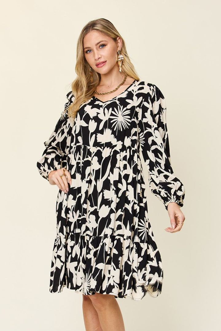 Double Take Full Size Printed Ruffle Hem Dress with Pockets