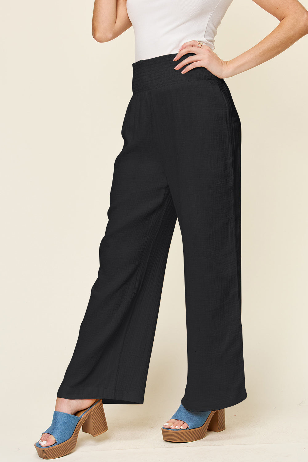 Double Take Texture Smocked Waist Wide Leg Pants