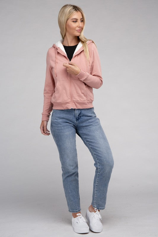 Ambiance Fuzzy Trim Zip-Up Crop Hoodie