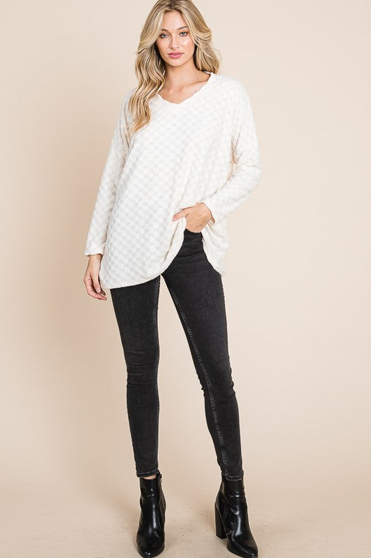 BOMBOM Checkered Long Sleeve V-Neck T-Shirt - Boho Soho