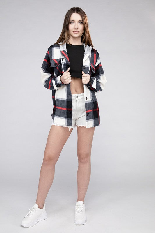 Zenana Plaid Drawstring Hooded Fleece Shacket