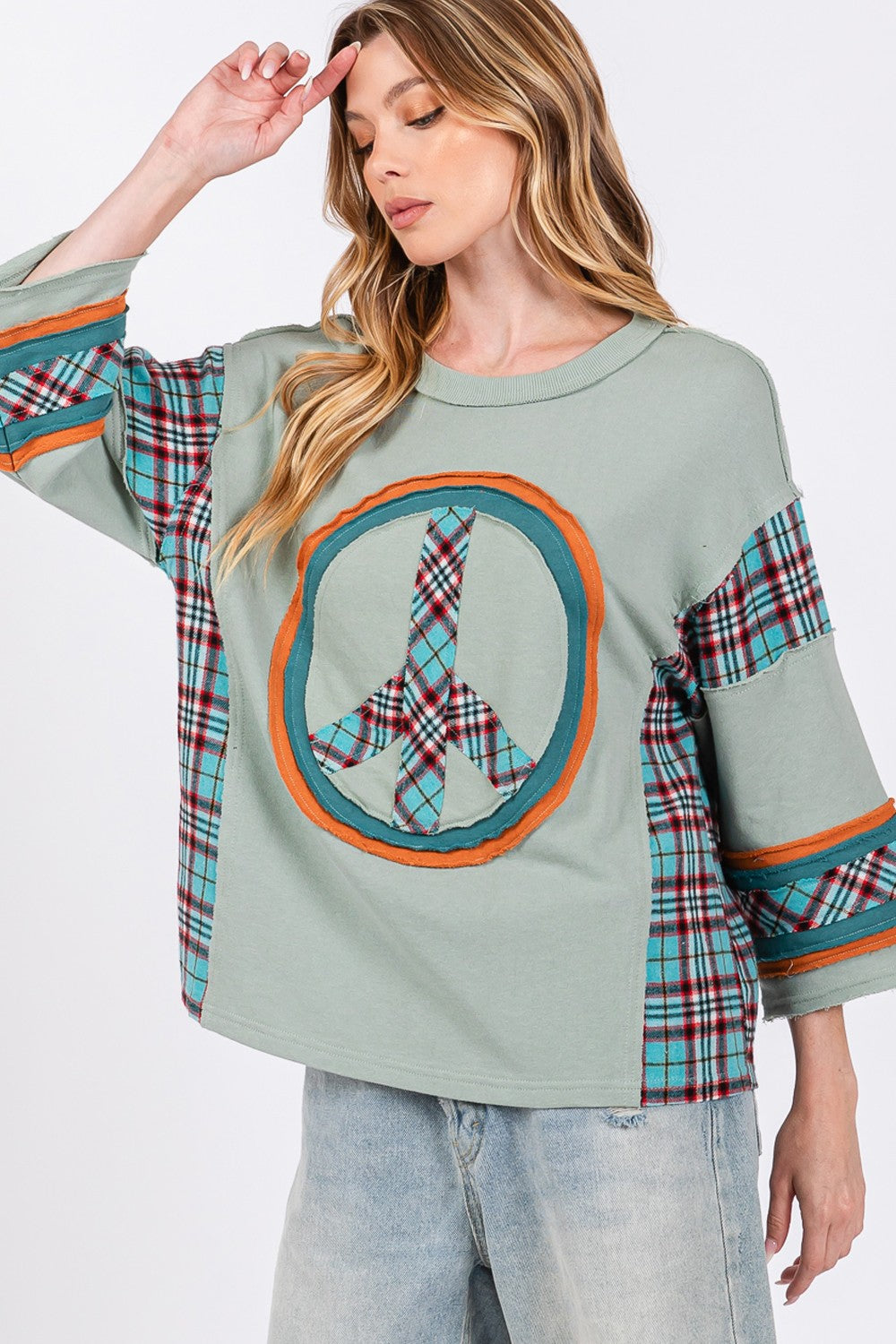 SAGE + FIG Peace Applique Patch Contrast Plaid Top - Boho Soho