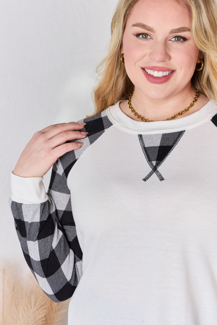 Hailey & Co Plaid Raglan Sleeve Round Neck Blouse