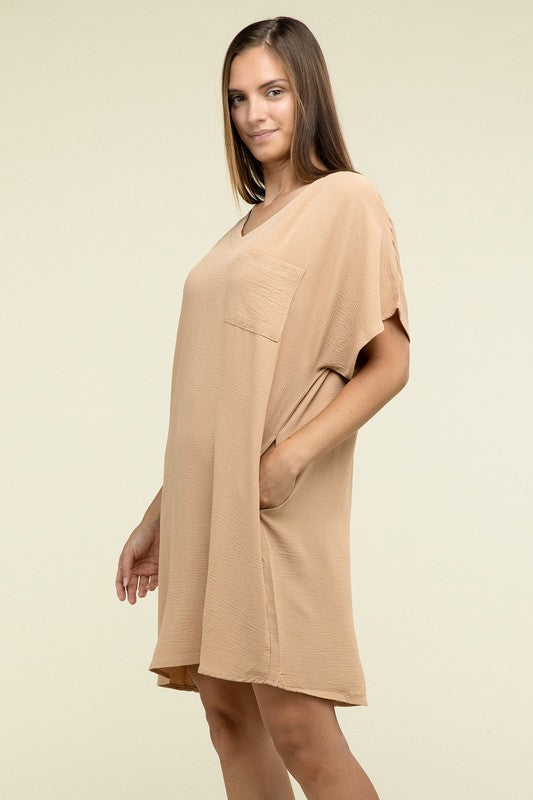 Zenana Woven Airflow V Neck T-Shirt Dress with Pockets