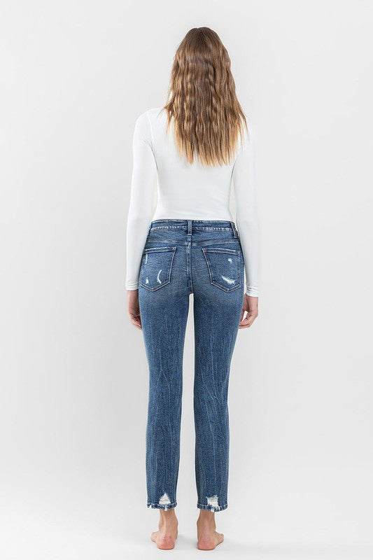 Mid Rise Distressed Crop Slim Straight Jeans