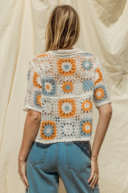 GILLI Short Sleeve Button Front Crochet Top