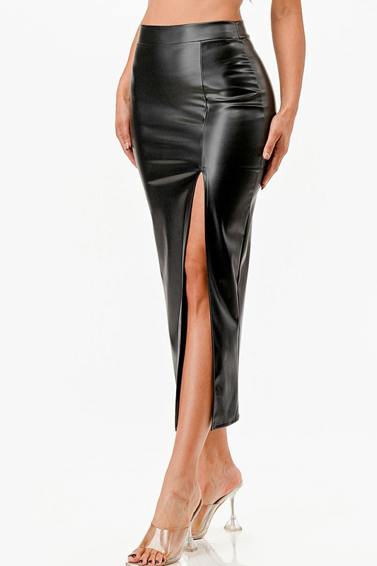 La Scala Side Slit Faux Leather Pencil Skirt