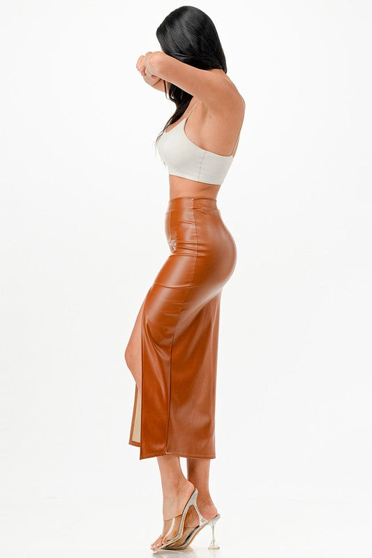 La Scala Side Slit Faux Leather Pencil Skirt