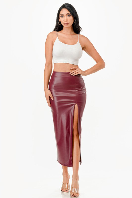 La Scala Side Slit Faux Leather Pencil Skirt