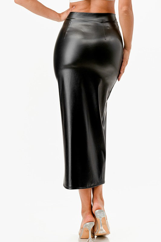 La Scala Side Slit Faux Leather Pencil Skirt