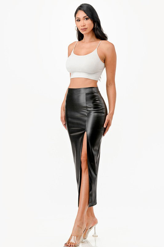 La Scala Side Slit Faux Leather Pencil Skirt