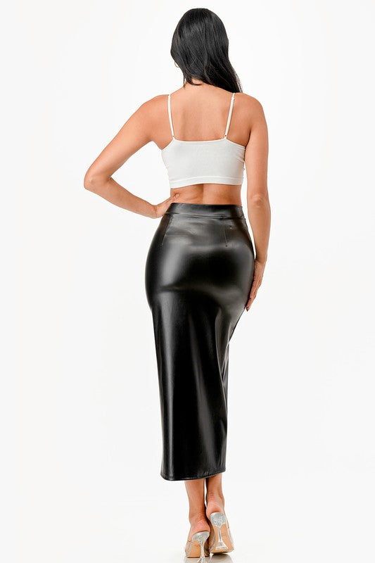 La Scala Side Slit Faux Leather Pencil Skirt