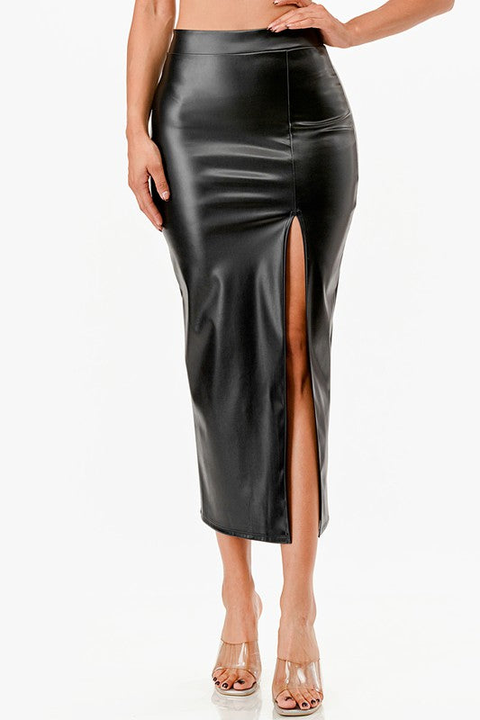 La Scala Side Slit Faux Leather Pencil Skirt