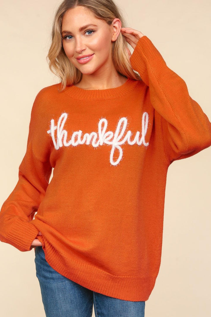 Haptics Thankful Metallic Glitter Embroidered Thanksgiving Sweater