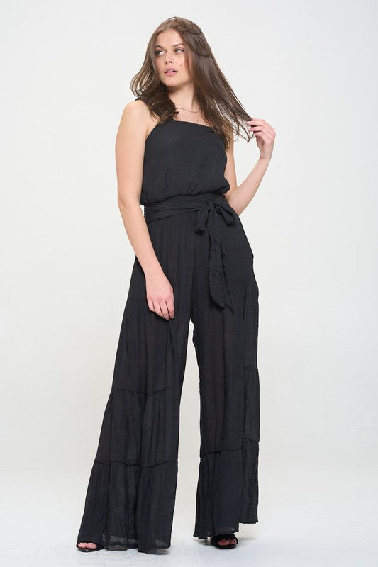 JADE BY JANE ELASTIC STRAP TIERED JUMPSUIT PLUS SIZE