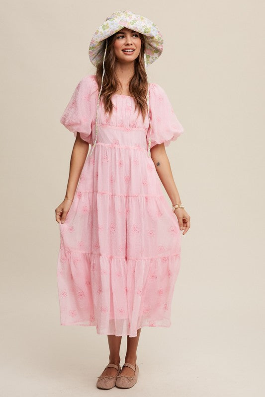 Listicle Coquette Floral Embroidered Puff Sleeve Tiered Maxi Dress