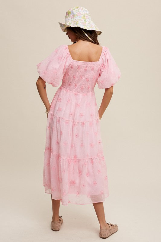 Listicle Coquette Floral Embroidered Puff Sleeve Tiered Maxi Dress