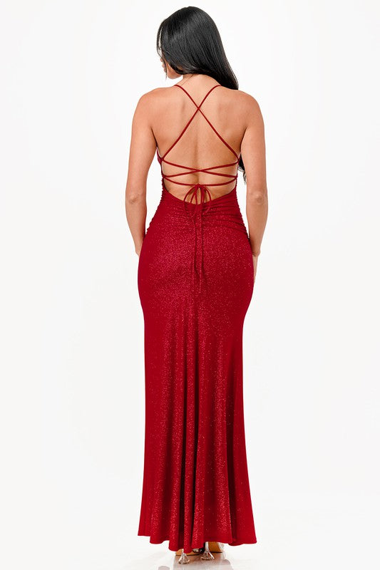 La Scala Glittered Lace Up Back Mermaid Gown