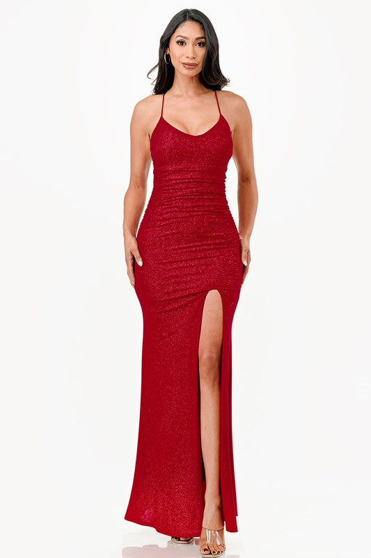 La Scala Glittered Lace Up Back Mermaid Gown