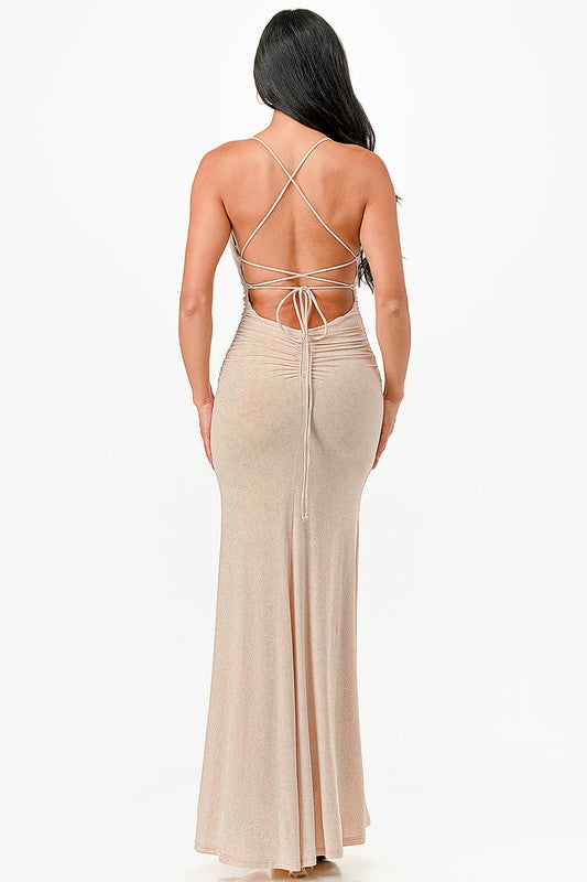 La Scala Glittered Lace Up Back Mermaid Gown