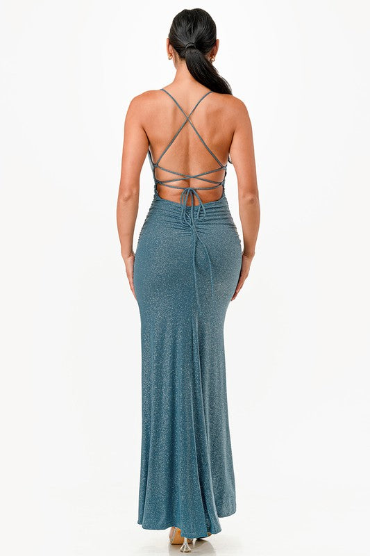 La Scala Glittered Lace Up Back Mermaid Gown