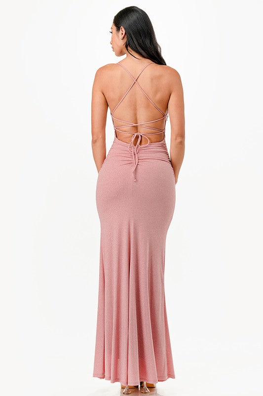 La Scala Glittered Lace Up Back Mermaid Gown