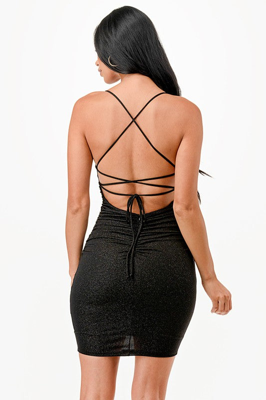 La Scala Glittery Lace-Up Back Cocktail Dress