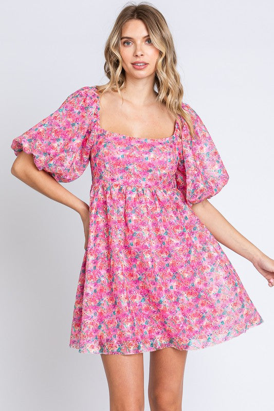 GeeGee Sequin Floral Babydoll Mini Dress